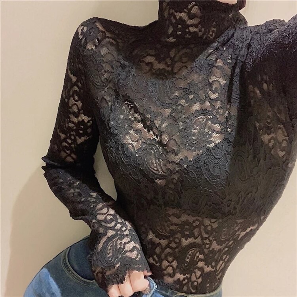 Paisley lace blouse shirt sheer transparent sexy top black